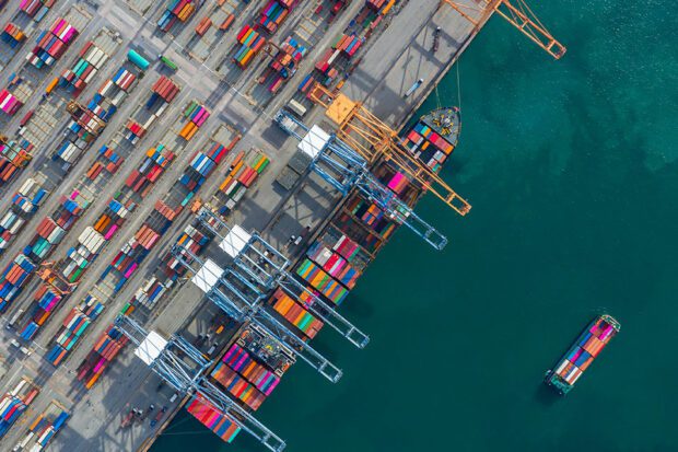 A bird's eye view of a shipping port.