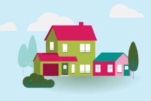 An illustration of a green house with a garage, next to a smaller, pink house and some trees.