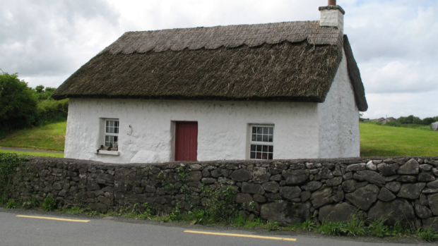 Countryside cottage with thatched roof. The cottage sits behind a stone wall in a field.