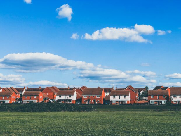 A new housing estate behind a field and row of hedges.
